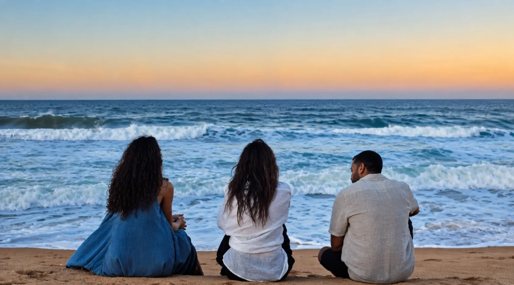 Three people sitting on the sand watching the sea at sunset