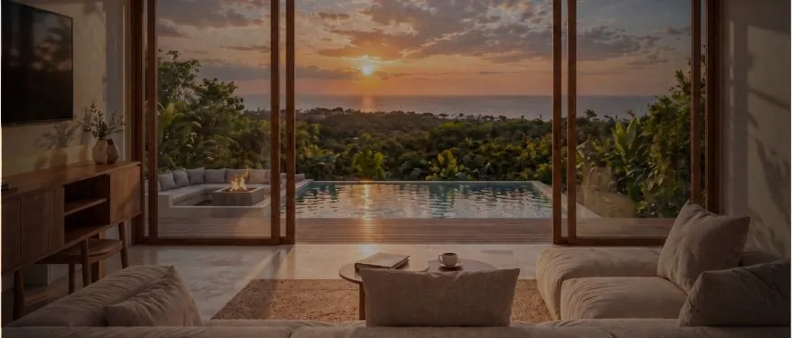 Villa living room opening onto a sunset
