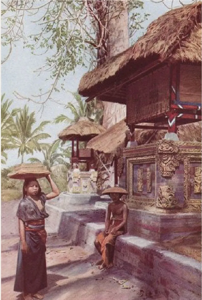 Illustration of a Balinese temple with a woman carrying offerings