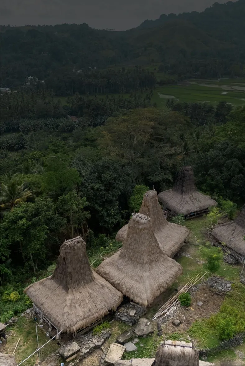Traditional Sumba village with tall thatched roofs in the forest