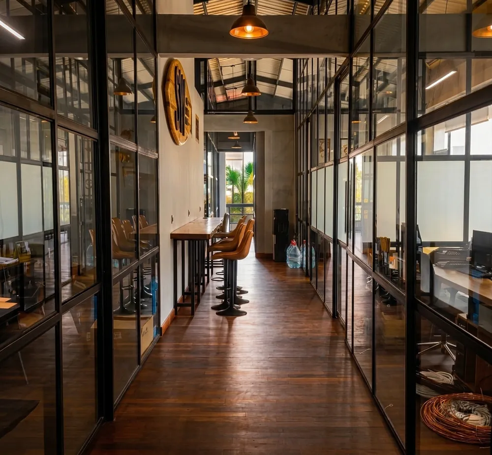 Corridor of the Lawang office with glass-walled rooms