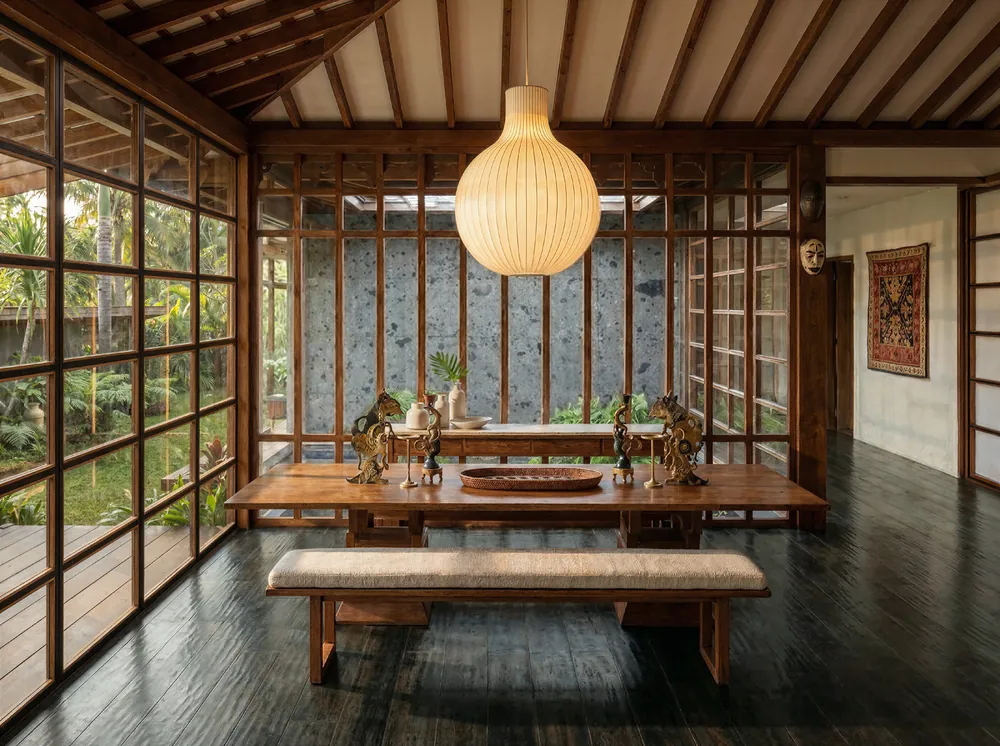 Timber dining pavilion inside a Lawang villa